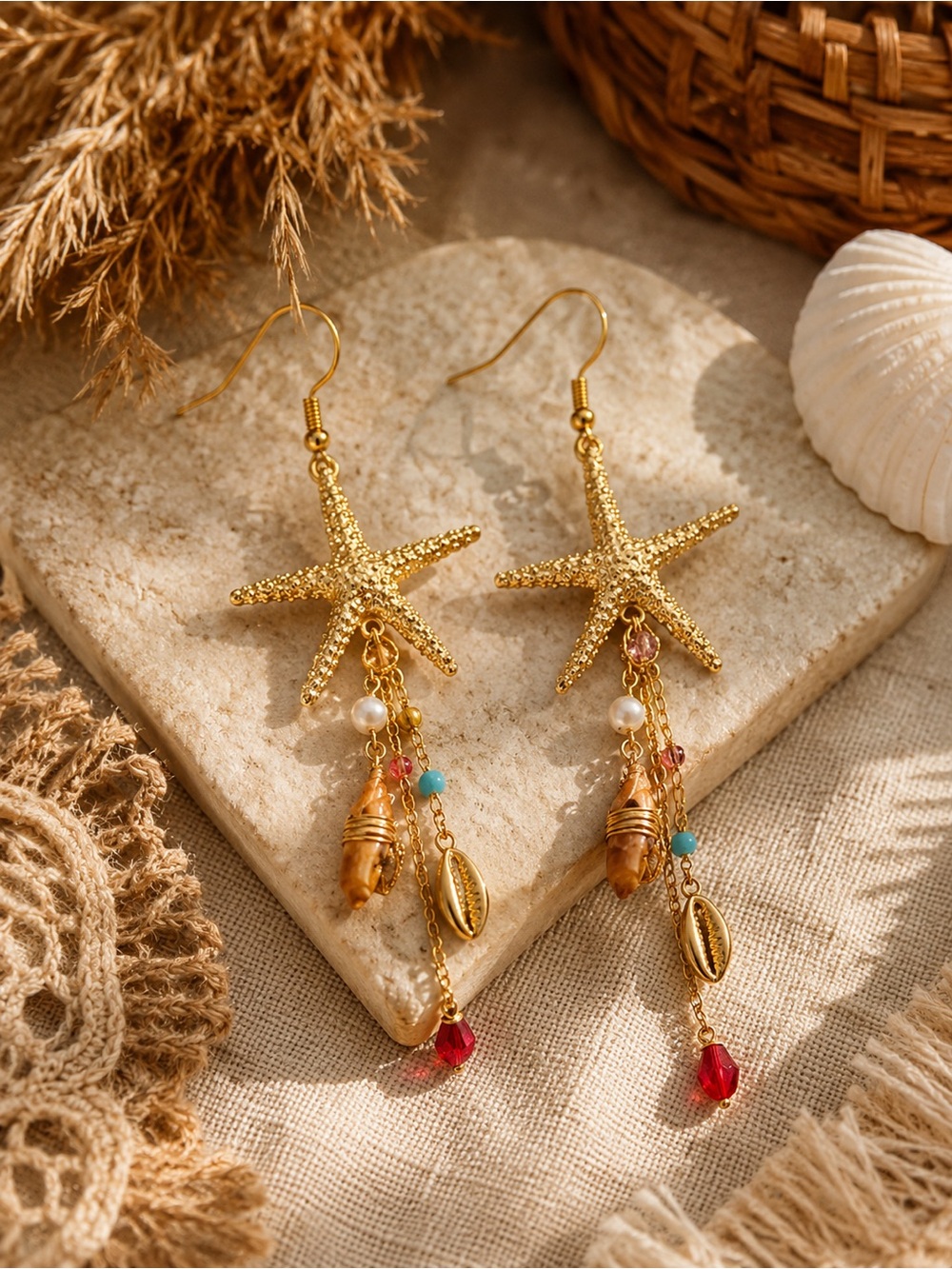 Gold Starfish Charm Statement Earrings | Coastal Beach Boho Mermaid Glam